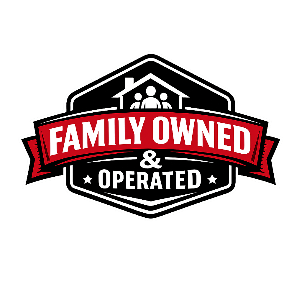 A badge-style logo with the text "Family Owned & Operated" in red and white, featuring a house with three family members inside at the top.