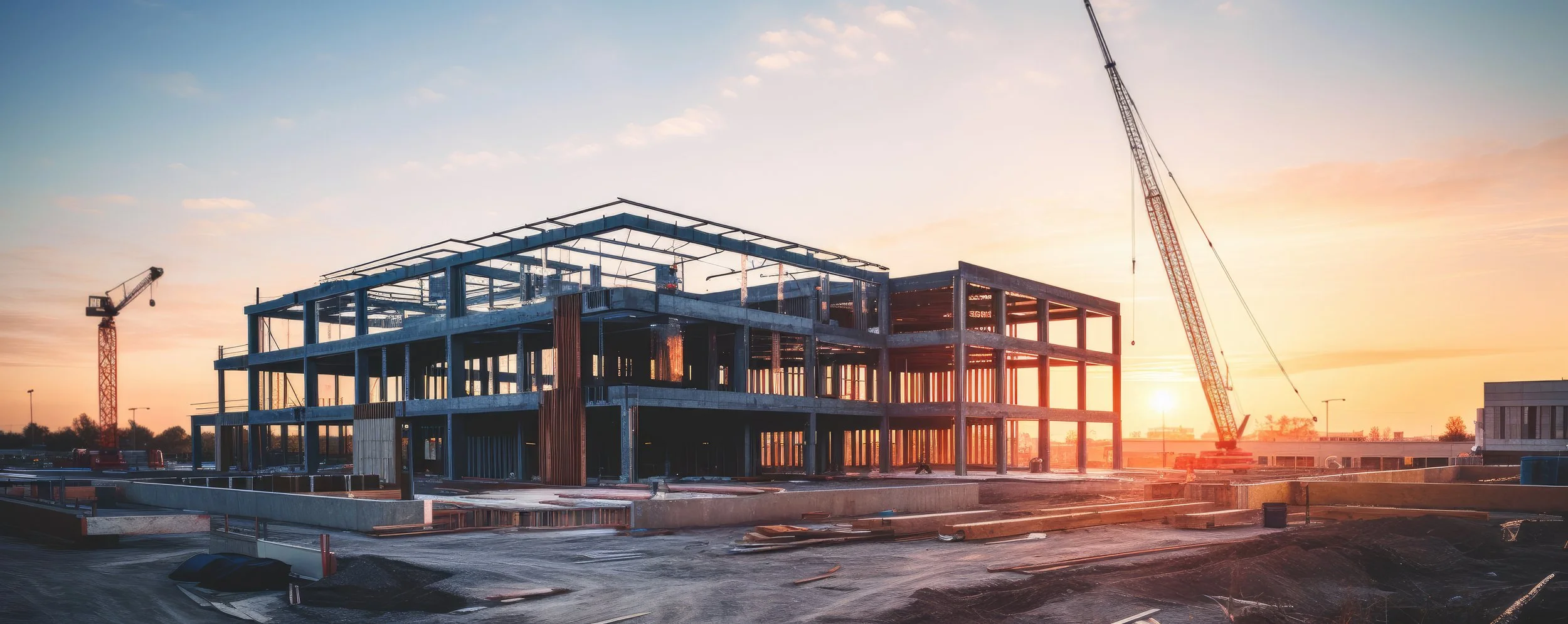 Construction site with a multi-story building framework under construction, cranes in the background, and the sun setting on the horizon.