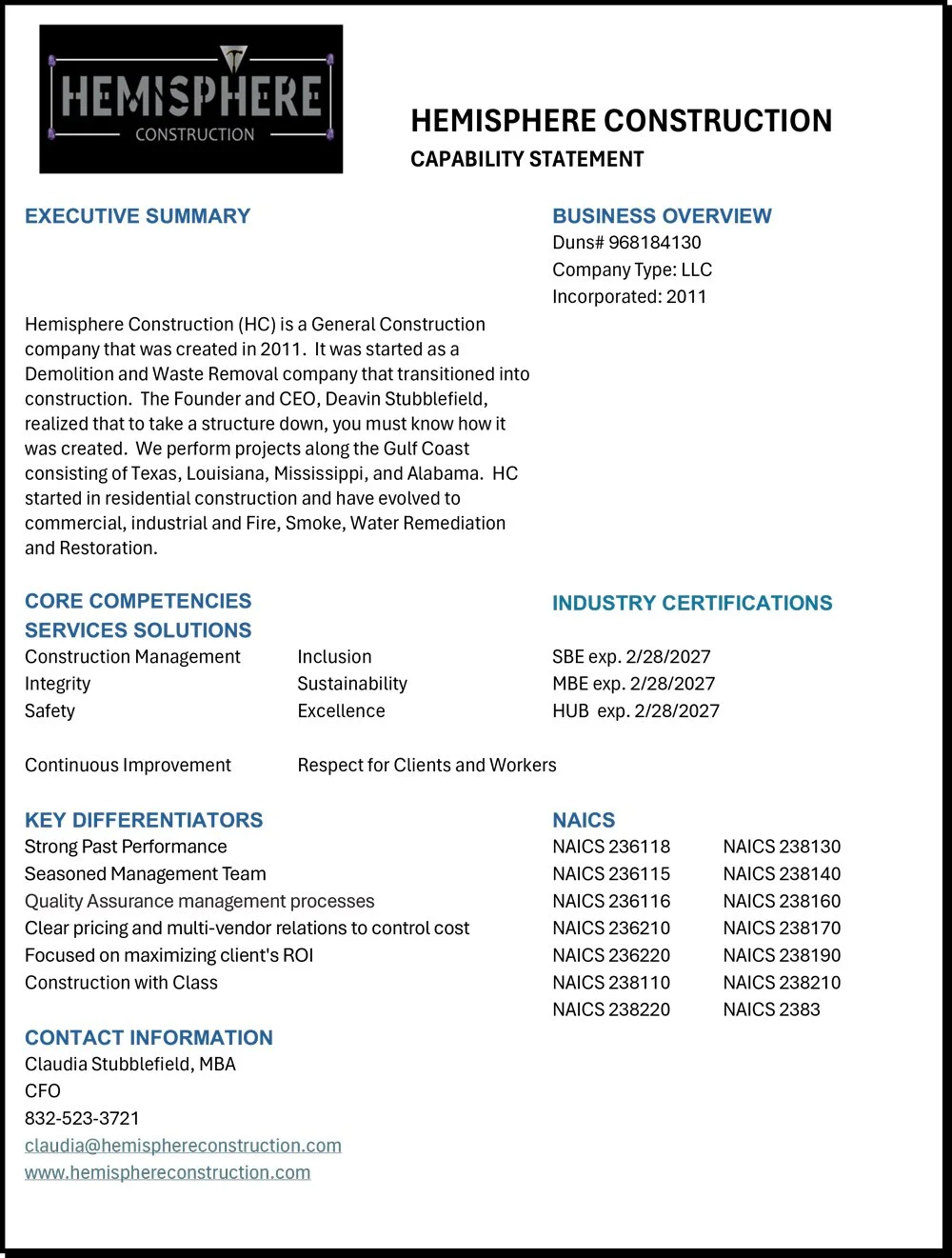 A business capability statement document for Hemisphere Construction, including company overview, core competencies, industry certifications, key differentiators, NAICS codes, and contact information.