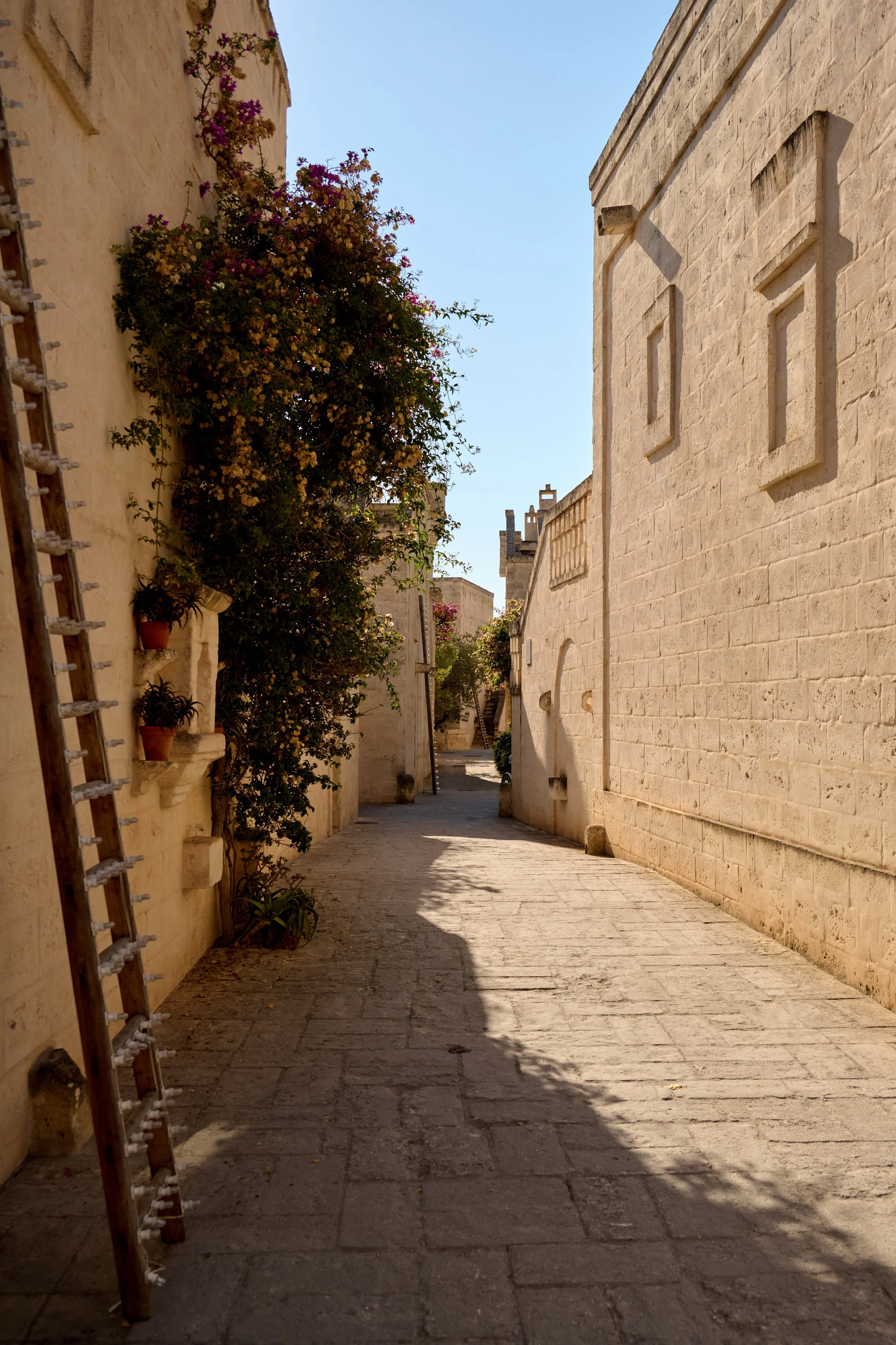 A narrow cobblestone street in a historic European town, flanked by white stone buildings and flowering plants, with the sun casting shadows on the ground.