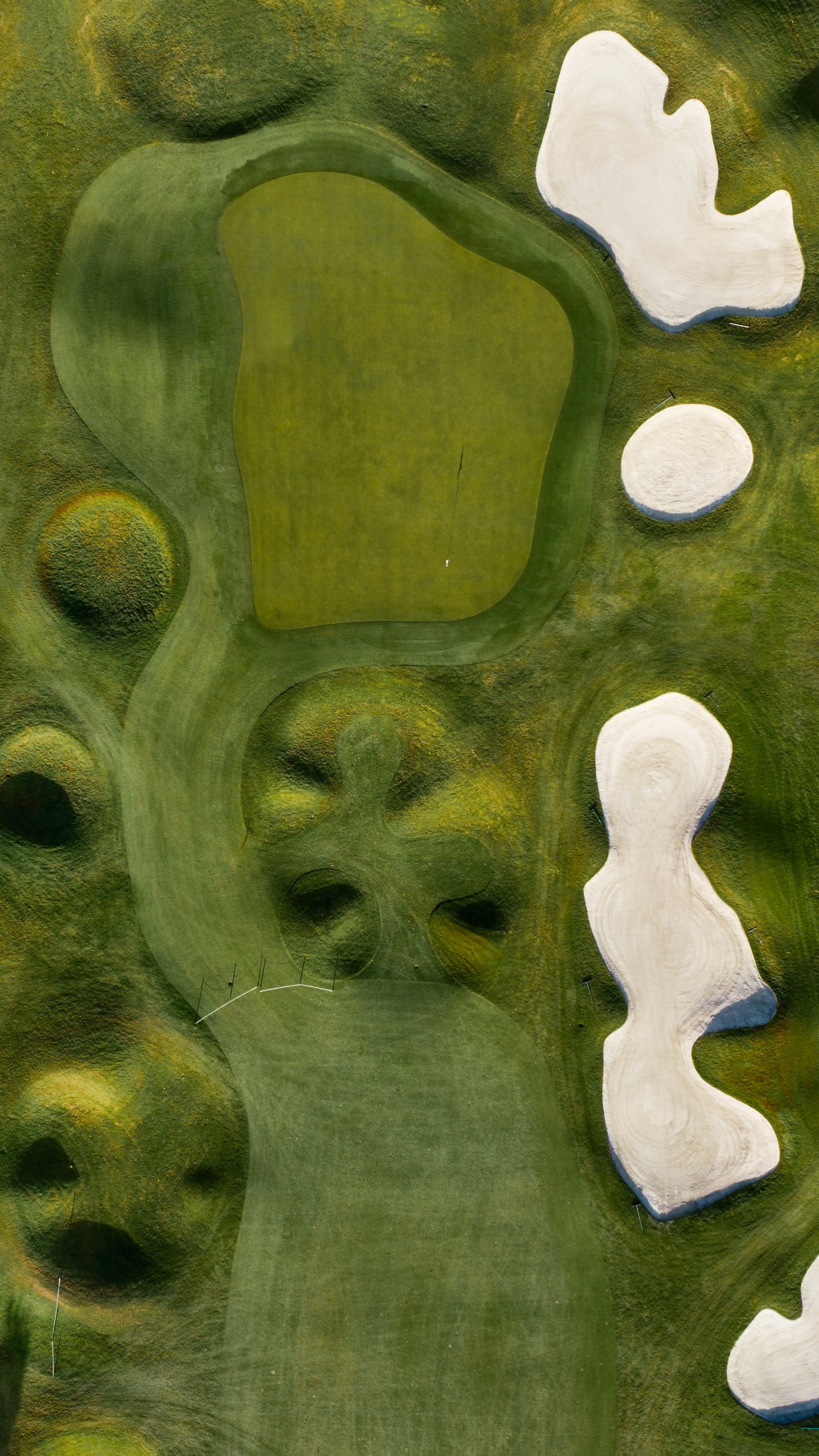Aerial view of a golf course green with sand bunkers surrounding it and fairways leading up to it.