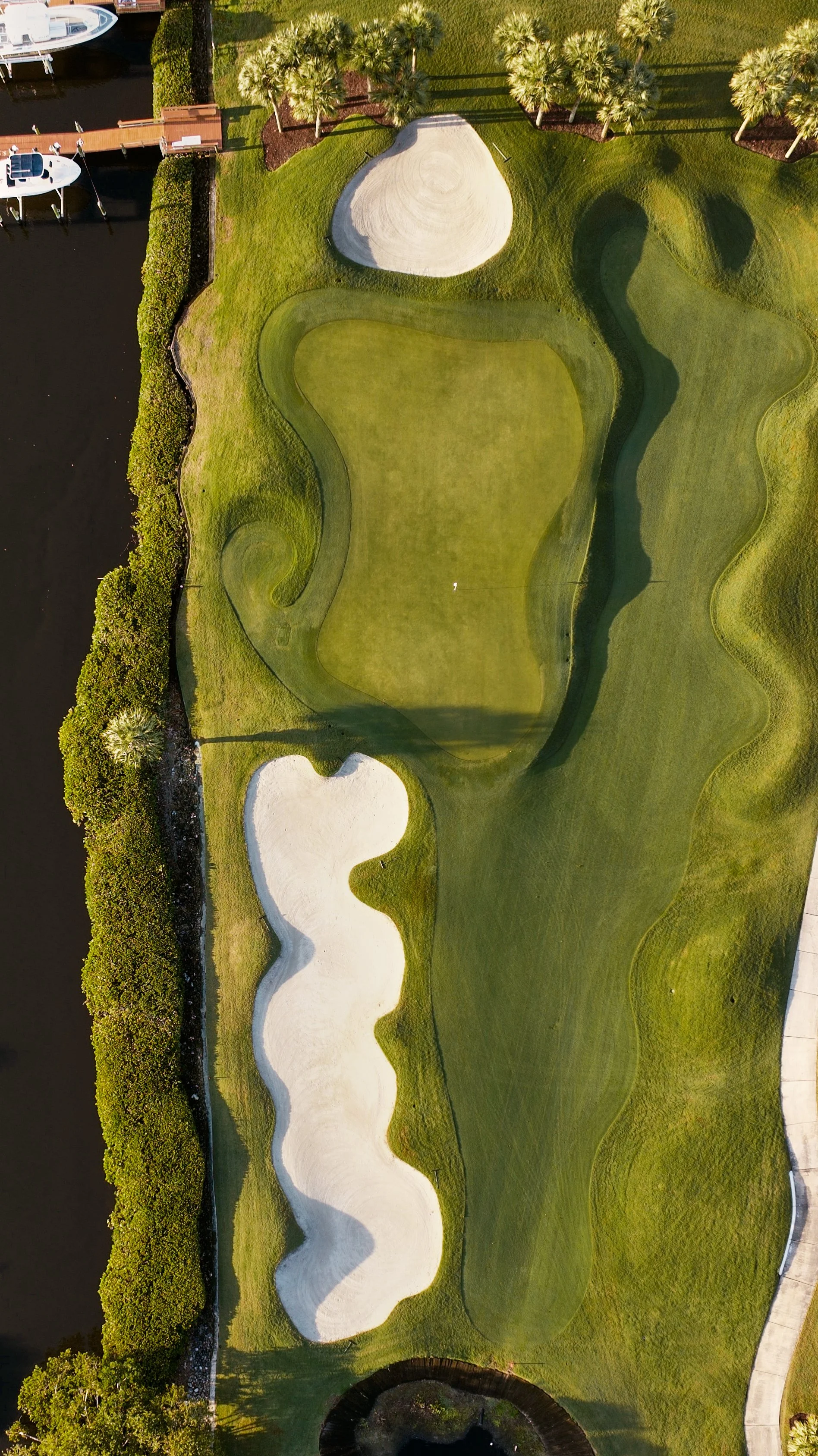 Aerial view of a golf course with a putting green, bunkers, water hazards, and surrounding trees.