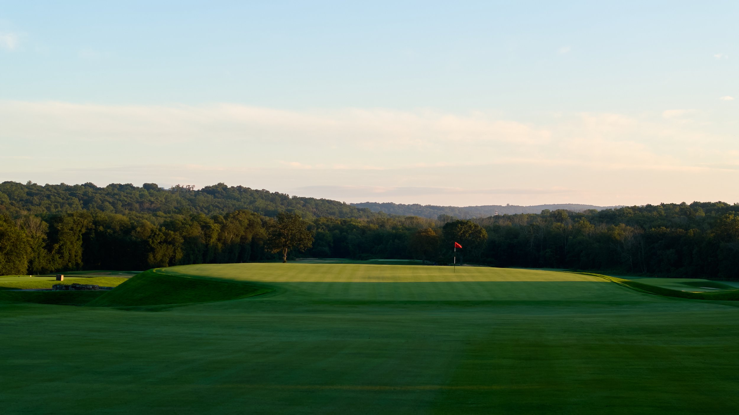A golf course with a putting green, a red flag on the hole, and surrounding trees under a clear sky.