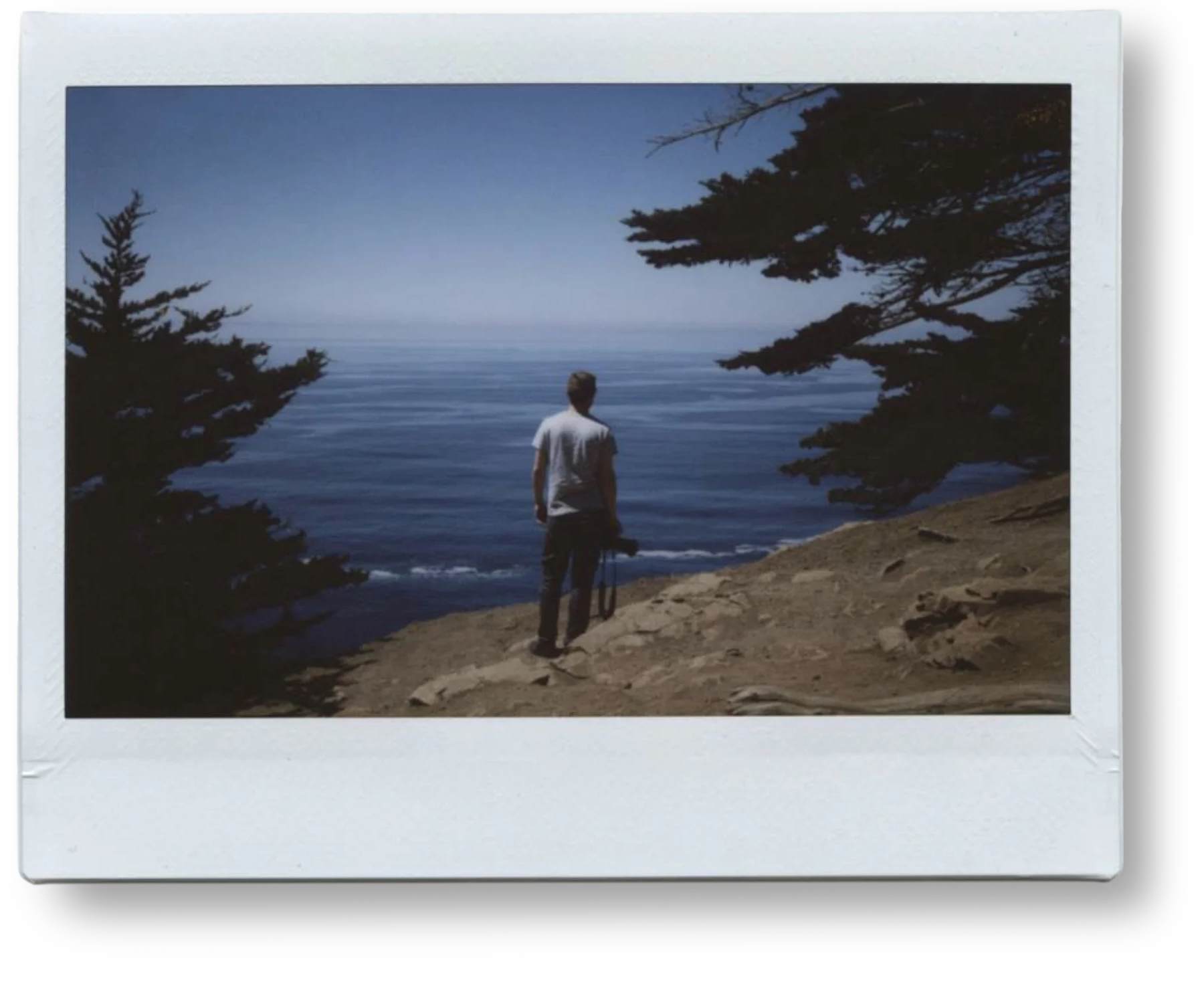 A person standing on a rocky shoreline, looking at the ocean, with trees framing the scene and a clear blue sky.