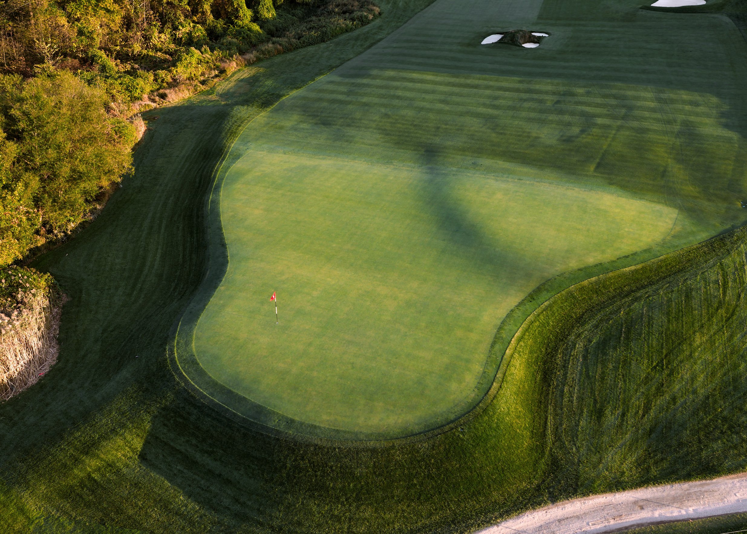 Aerial view of a golf course green surrounded by rough grass, trees, and a sand bunker, with a flag marking the hole.