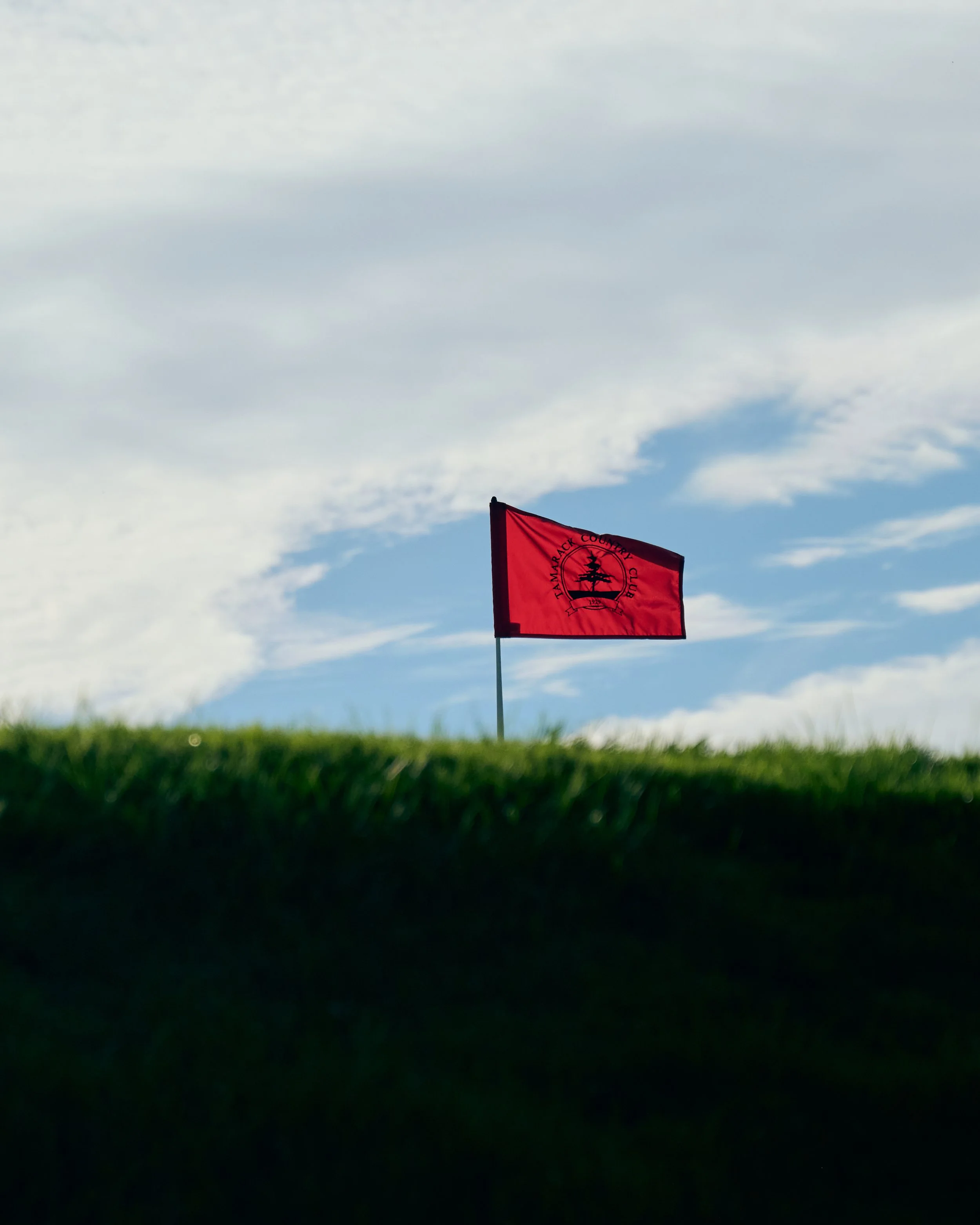 A red flag with the words Tamarack Country Club and a tree logo, flying on a green golf course with a partly cloudy sky in the background.