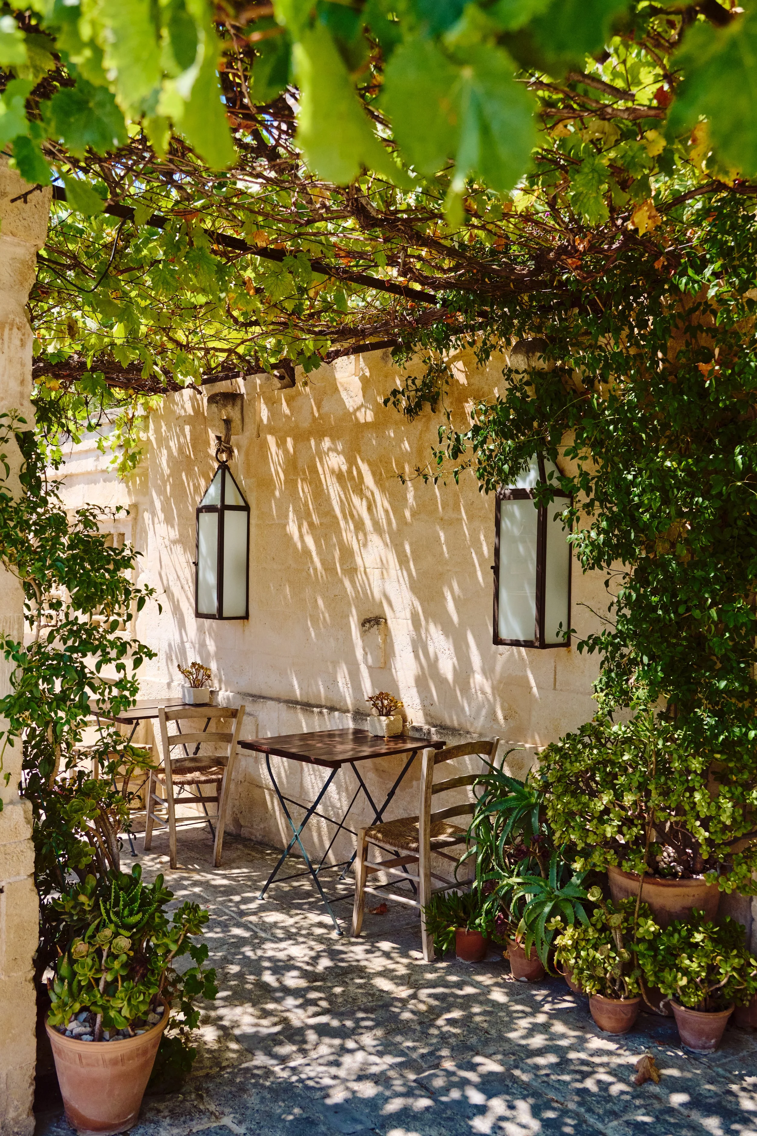 A cozy outdoor patio with two wooden chairs, a small wooden table, potted plants, and leafy vines casting shadows on the stone wall.