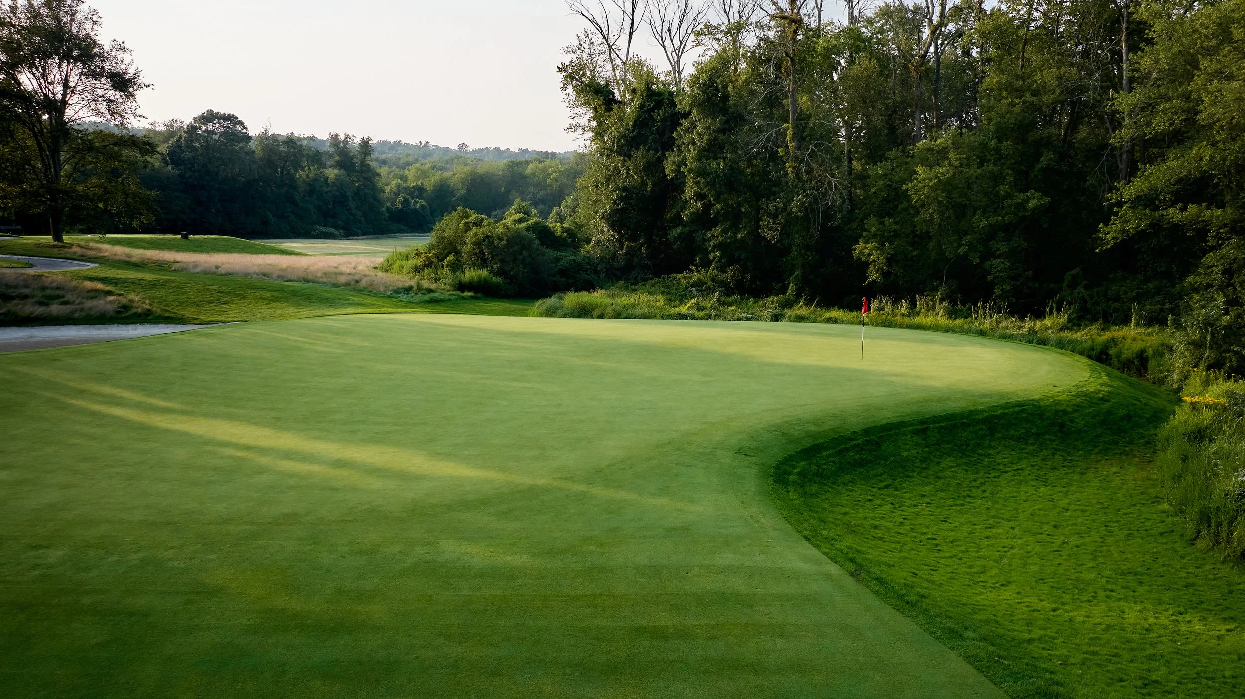 A golf course green with a flag, surrounded by trees and open field, under a clear sky.