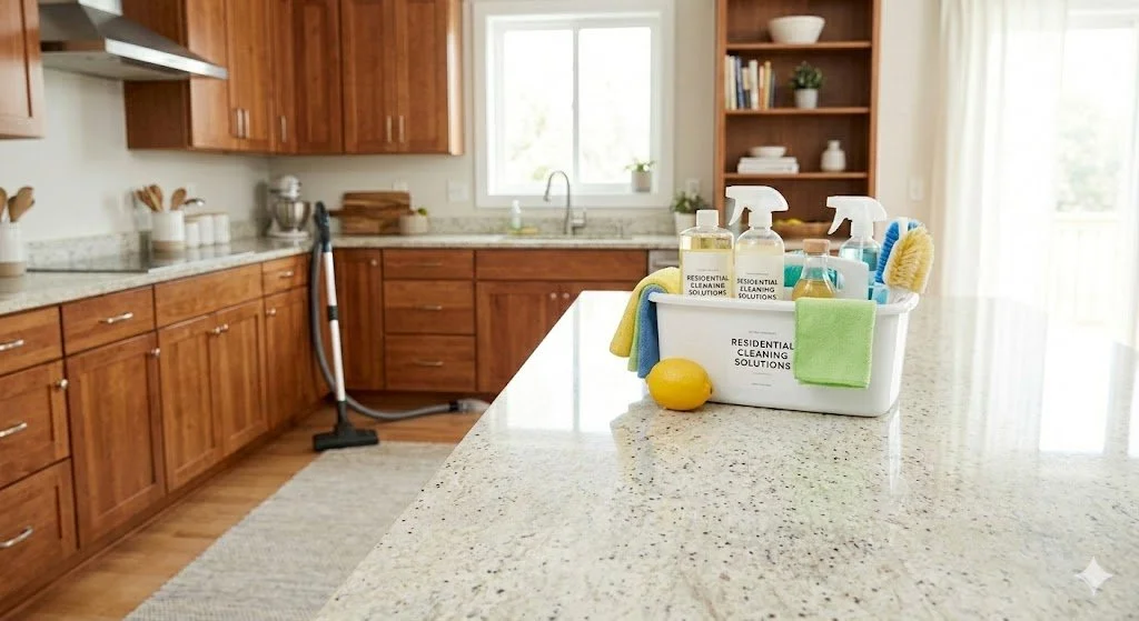Cleaning supplies on a kitchen counter, including spray bottles, a lemon, and cloths, with a kitchen and window in the background.
