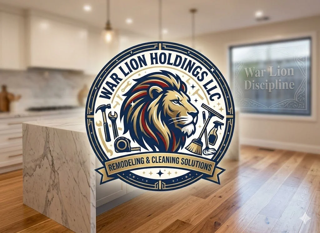 Logo for War Lion Holdings LLC with a lion's head, surrounded by cleaning tools, on a kitchen countertop in a modern kitchen.