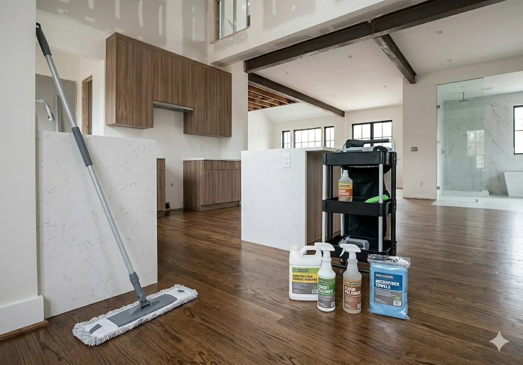 Living room under renovation with cleaning supplies, mop, and cart in the foreground, hardwood flooring, white walls, wood cabinets, and large windows in the background.