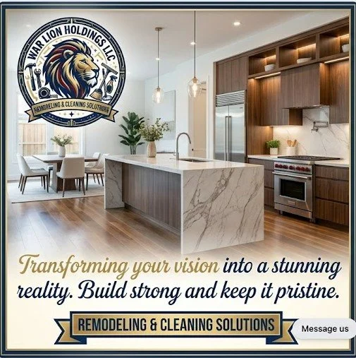 Logo for War Lion Holdings LLC with a lion's head and banner, and an interior kitchen with a marble island, wooden cabinets, and dining area.