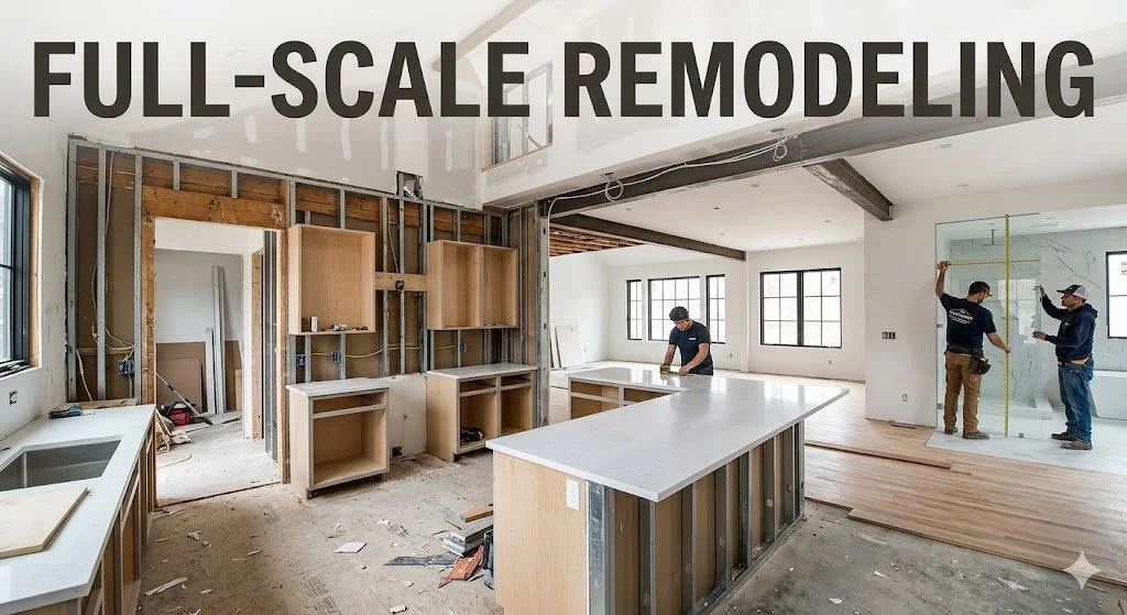 Interior of a house under renovation with workers measuring walls and preparing for remodeling.