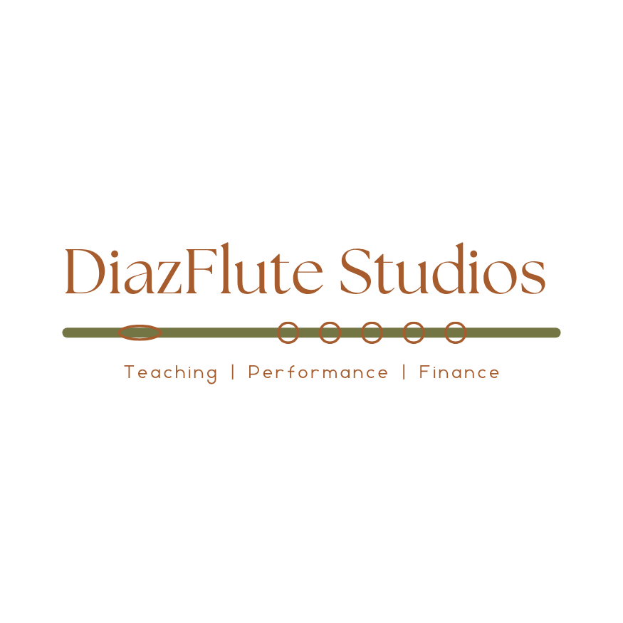 Logo for DiazFlute Studios with a transparent background, featuring the company name in brown text, a green horizontal line with orange circles representing a flute, and the tagline 'Teaching | Performance | Finance' in orange.