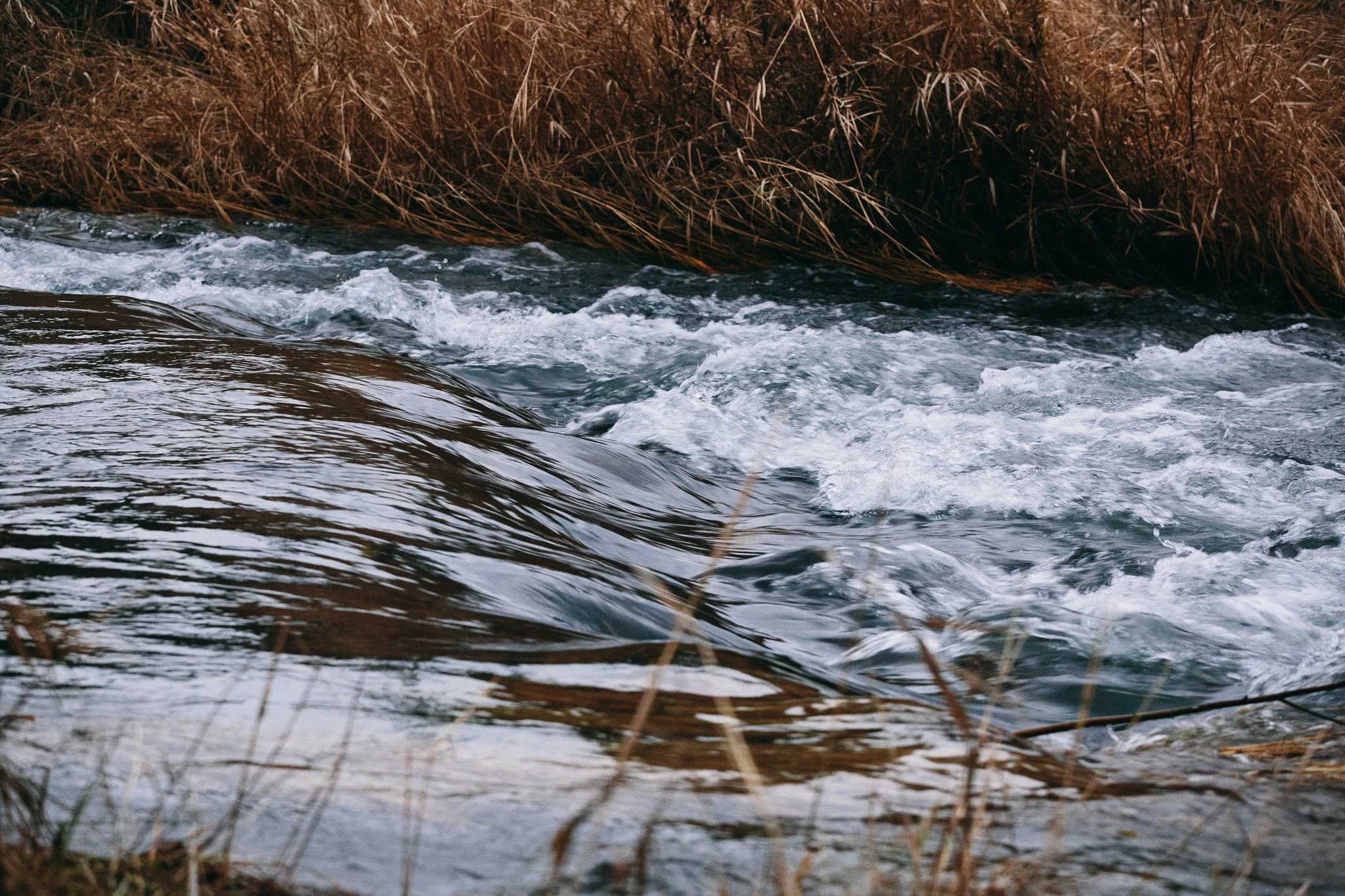 A small river or stream with flowing water, bordered by dry grass and bushes.