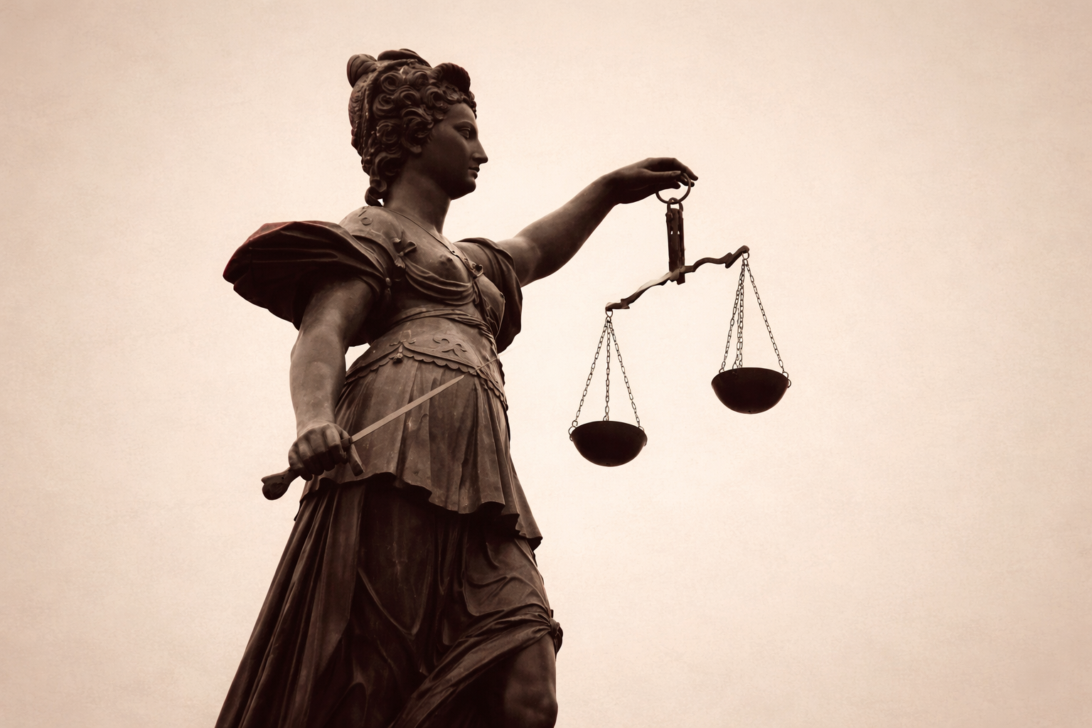 A bronze statue of Lady Justice holding scales and a sword, symbolizing fairness and law.