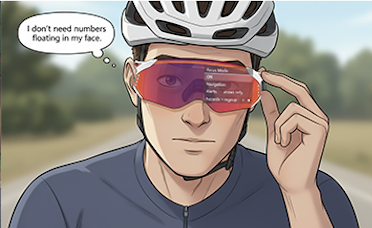Person wearing a bicycle helmet and sunglasses, outdoors with trees in the background, thinking 'I don't need numbers floating in my face.'
