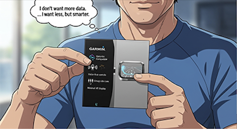A person holding a device or box related to Garmin with a screen showing various icons and a small digital display. The person has a speech bubble saying, 'I don’t want more data... I want less, but smarter.'