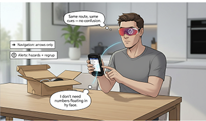 A young man sitting at a table in an indoor setting, looking at his phone with augmented reality glasses. There is an open cardboard box on the table, and speech bubbles indicating he is interacting with virtual annotations related to navigation and alerts. A potted plant and family photos are visible in the background.