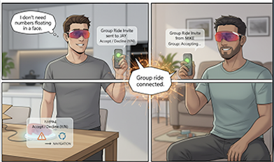 Two men with glasses sitting at a table, using smartphones, with notifications about group ride and group invite, connected by a visual graphic representing a ride-sharing app.