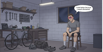 A man with glasses sitting on a chair in a garage, looking at workout shoes and a bicycle, with a speech bubble saying, 'I rode better because I wasn't distracted.'