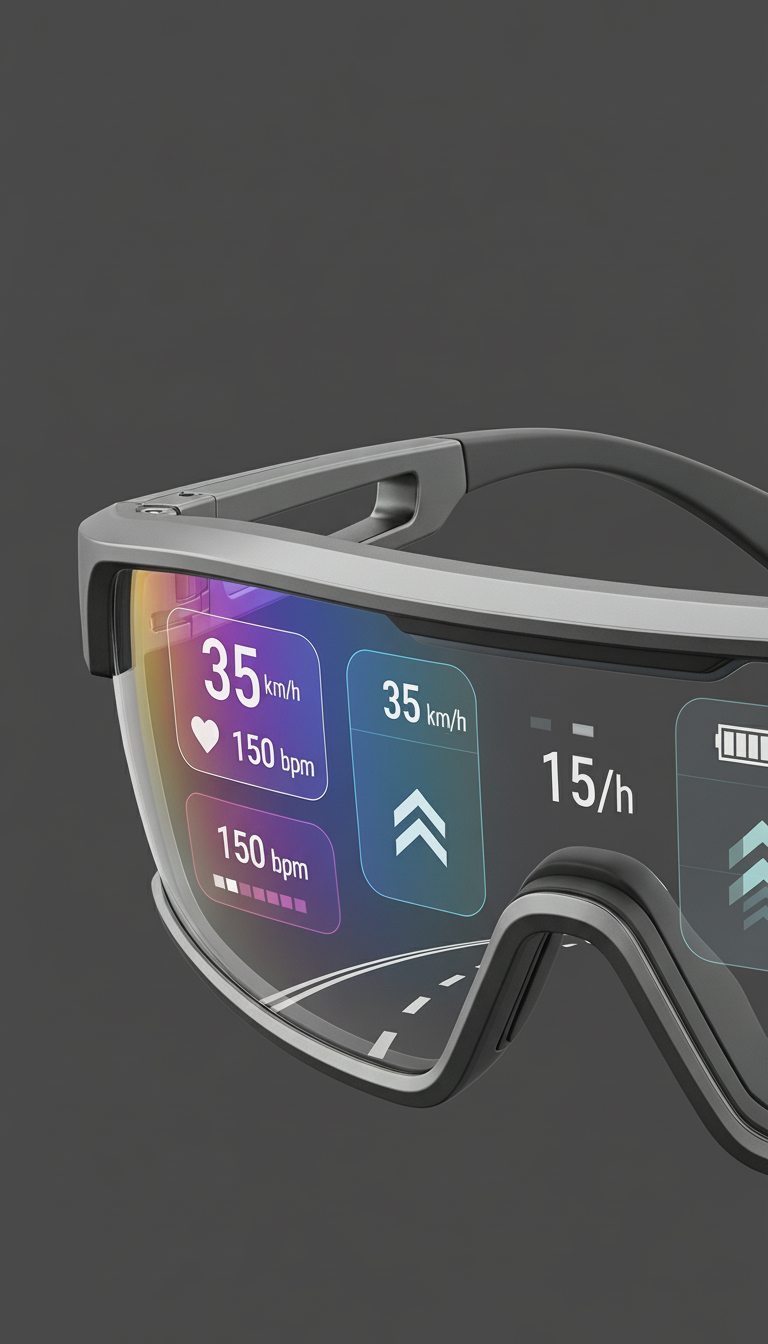Smart glasses displaying digital health metrics, including speed, heart rate, and steps, on a tinted transparent screen.