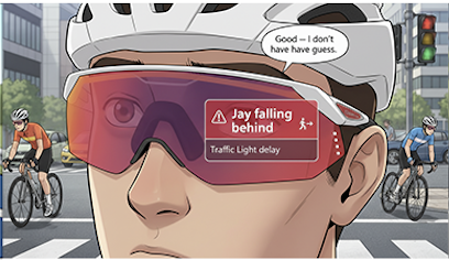 Close-up of a person wearing futuristic red and black sunglasses with a traffic warning message about Jay falling behind causing a traffic light delay, with a city street and cyclists in the background.