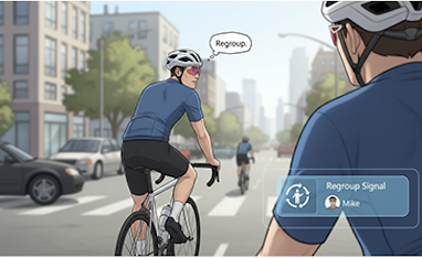 Bicyclist with purple hair and sunglasses riding through an urban city with other cyclists and cars, with digital interface elements indicating grouping and signals.