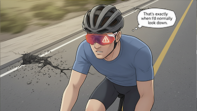 A cyclist on the road notices a large pothole, and thinks to himself, 'That's exactly when I'd normally look down.'