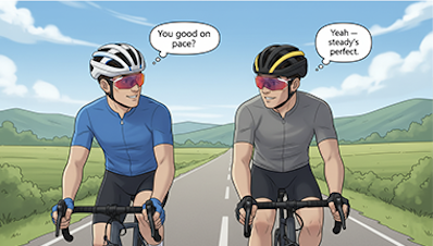 Two men in cycling gear talking and riding bicycles on a rural road with green hills and a blue sky in the background.