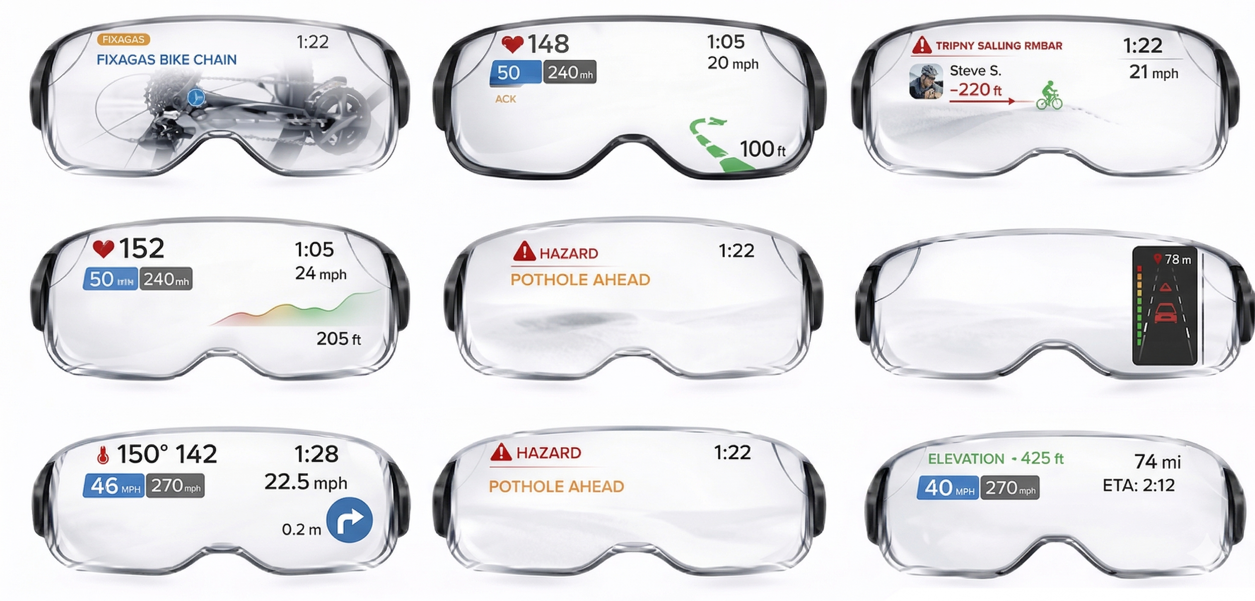 A collection of nine digital display glasses showing various cycling data such as speed, heart rate, elevation, hazards, and directions.