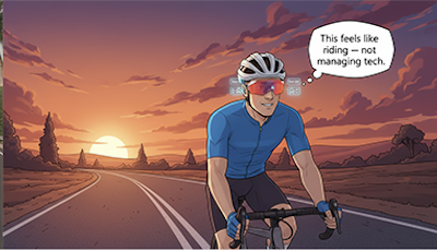 A cyclist riding on an empty road at sunset, wearing a helmet, sunglasses, and a blue cycling outfit, with a quote bubble saying, 'This feels like riding — not managing tech.'