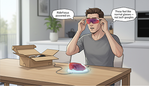 A young man wearing virtual reality glasses sitting at a kitchen table, adjusting his glasses with a box of VR equipment beside him, with speech bubbles saying "RideFocus powered on" and "These feel like normal glasses -- not tech googles."