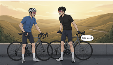 Two cyclists standing with their bikes on a mountain road, one saying 'Ride saved' as they smile at each other.