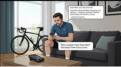 A man sitting on a black couch in a living room, looking at his phone with text messages in speech bubbles. A bicycle is parked next to him, and a television is mounted on the wall.