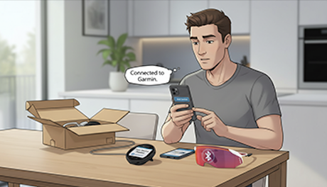 A man setting up a medical device on a kitchen table, with a cardboard box, a GPS device, a smartphone, and a pink case nearby.