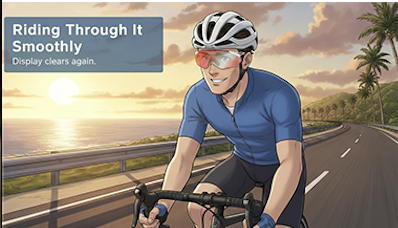 A man riding a bicycle along a scenic road by the ocean at sunset, wearing a blue cycling jersey, white helmet, and red sunglasses, with palm trees in the background. The image includes text that says 'Riding Through It Smoothly. Display clears again.'