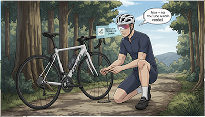A cyclist kneeling next to a bicycle on a forest trail, wearing a helmet and sunglasses, with a speech bubble saying "Nice — no future search needed."