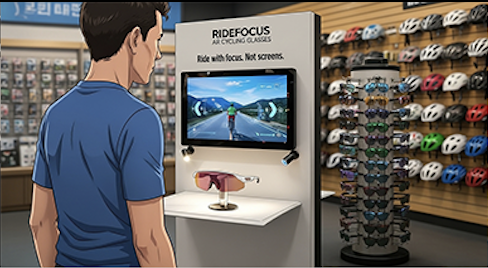 A man in a blue shirt shopping for helmets and sunglasses at a store with a display screen showing a cycling video. The store has various helmets on shelves and sunglasses on a rotating stand.
