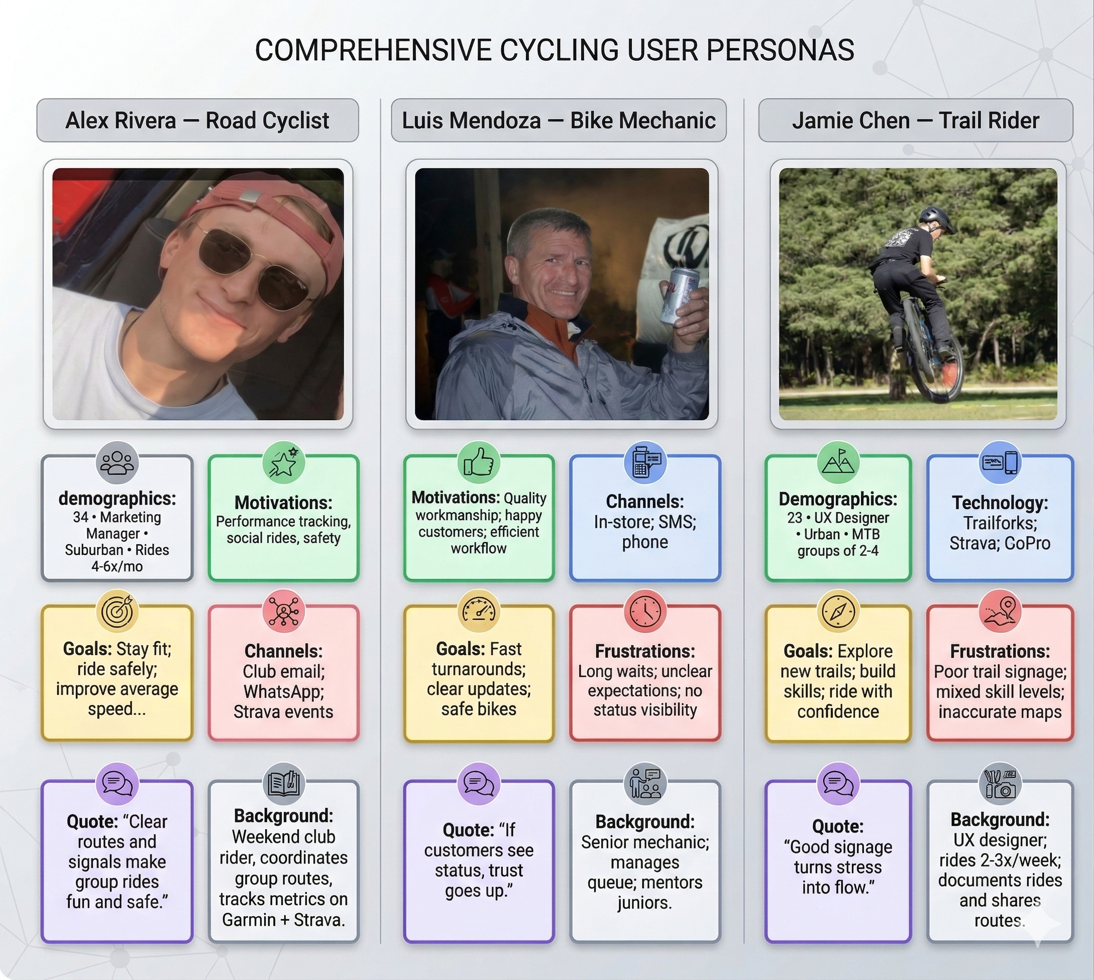 An infographic titled 'Comprehensive Cycling User Personas' with three profiles: Alex Rivera, Luis Mendoza, and Jamie Chen, each featuring a photo, demographics, motivations, goals, frustrations, channels, quotes, and background information.