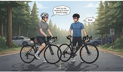 Two men on bicycles having a conversation in a wooded parking lot. One man is in a gray shirt and black shorts, the other is in a blue shirt and black shorts. They are wearing helmets. The man in gray says, 'Let's try not to stop to check screens today.' The man in blue replies, 'Deal.'