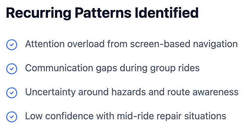 A list of four items related to recurring patterns in group biking or riding, including attention overload, communication gaps, hazard awareness, and confidence issues.