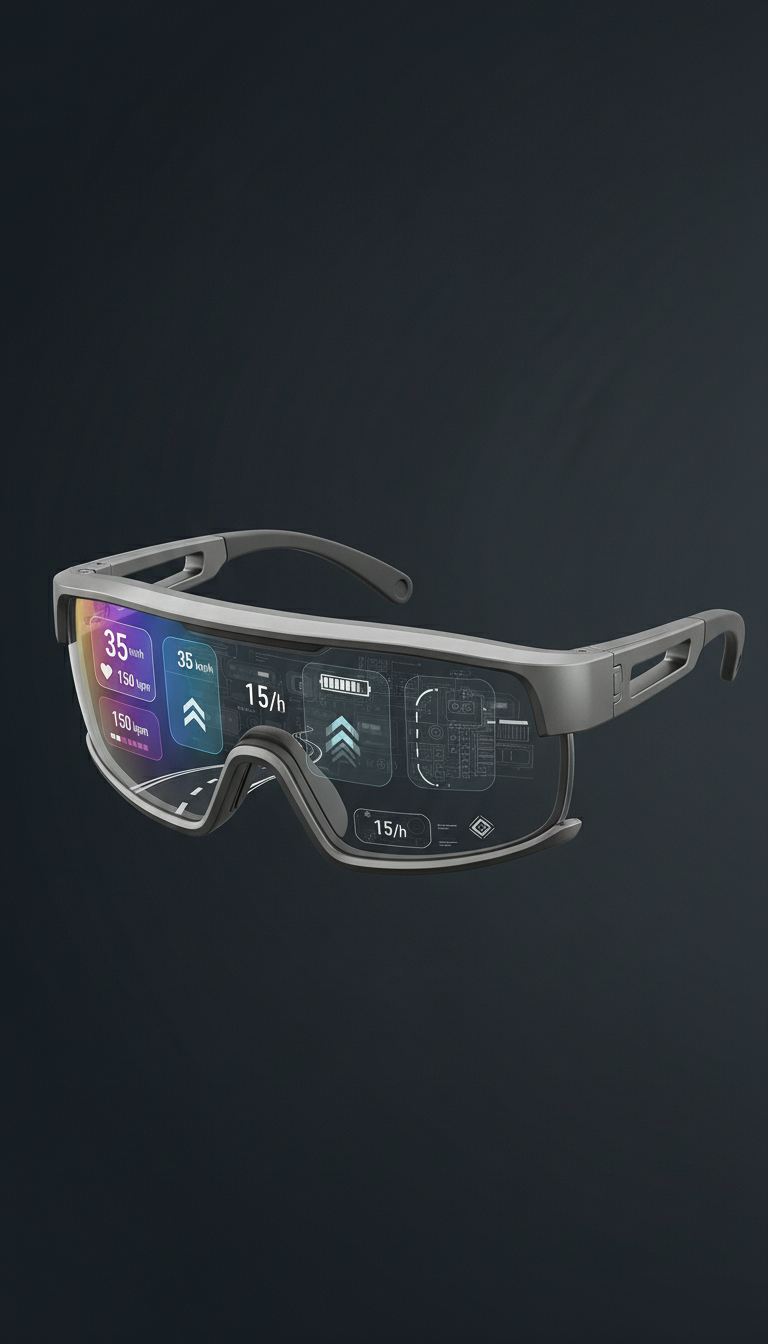Augmented reality glasses with a digital HUD showing speed, heart rate, and other data, floating against a dark background.