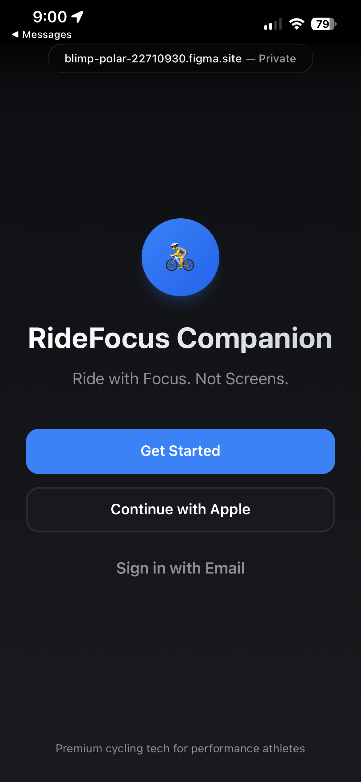 Screenshot of the RideFocus Companion app landing page on a smartphone, featuring a blue circle with a cyclist emoji, app title, and options to get started, continue with Apple, or sign in with email.