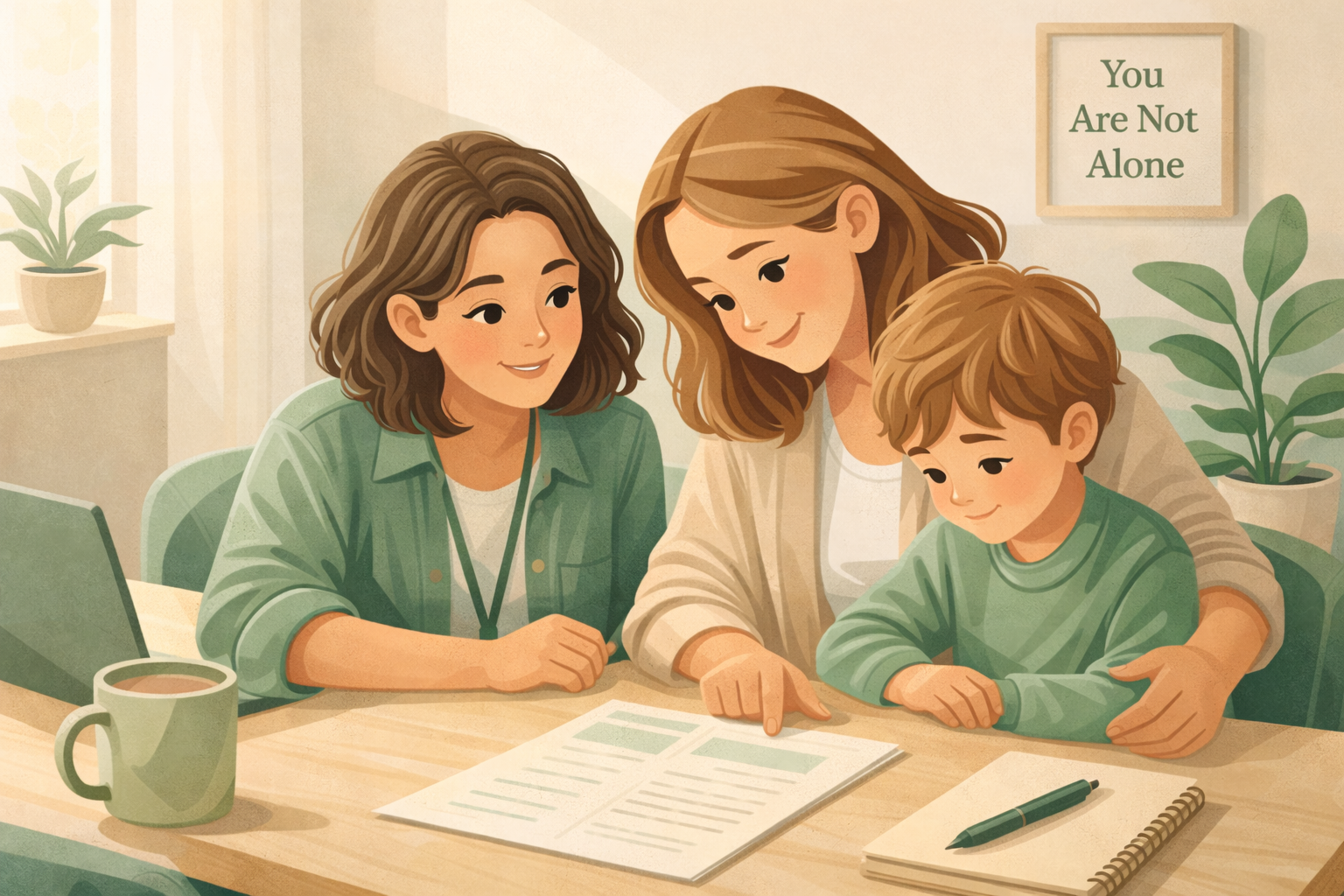 Three females and one young boy sitting at a table with a laptop, papers, pen, and a mug in a room with plants and a framed sign that says 'You Are Not Alone.'