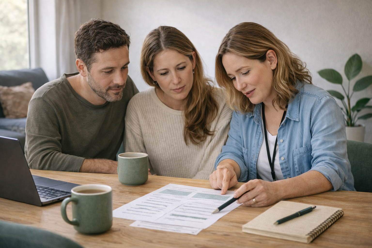 Parents and a Worker sitting at a wooden table reviewing documents together with coffee mugs and a laptop.