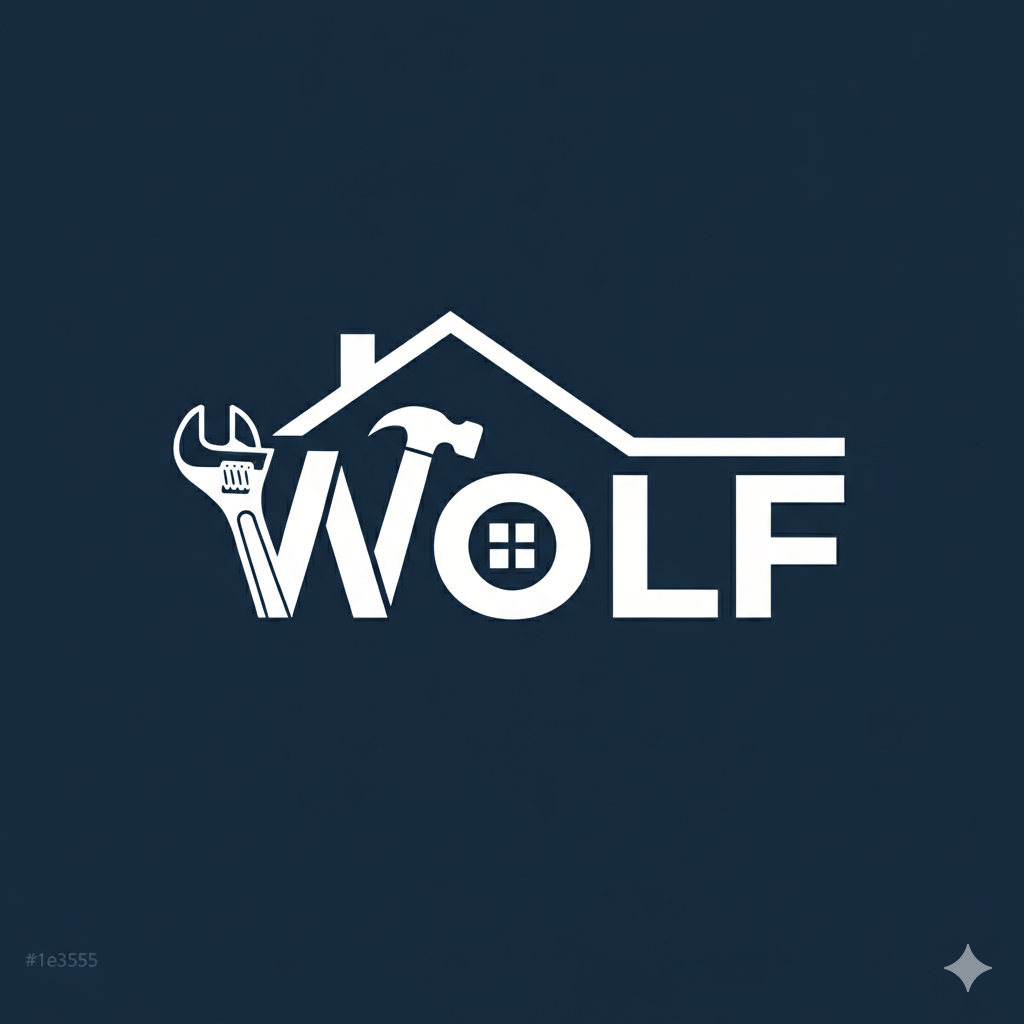 Logo with a house roof outline, a wrench, a hammer, and a window, with the word 'WOLF' integrated into the design.