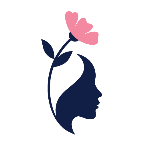 Profile silhouette of a woman's face with a pink flower growing from her head.