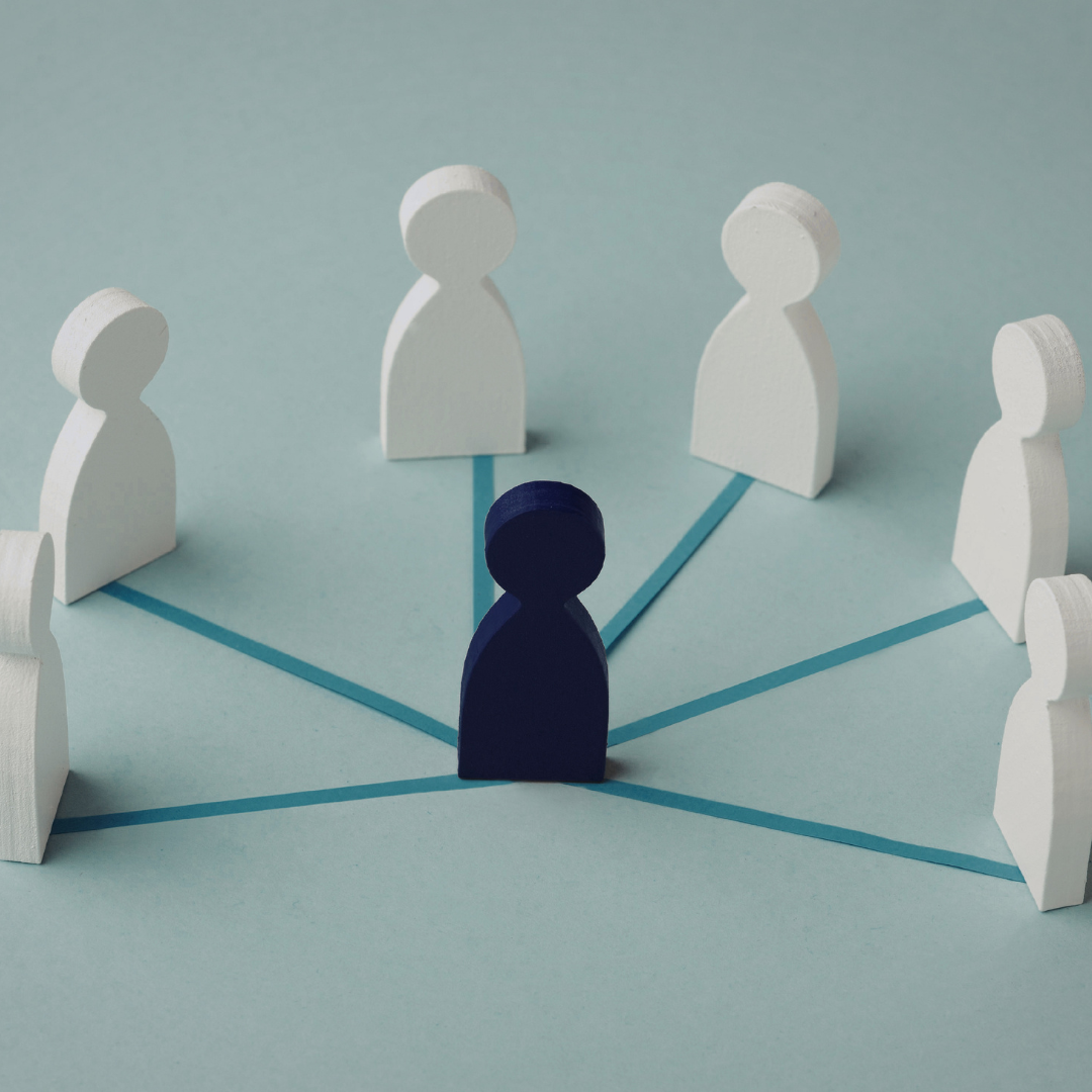 A diagram with one navy blue figure connected to multiple white figures by blue lines, representing social connections or network.