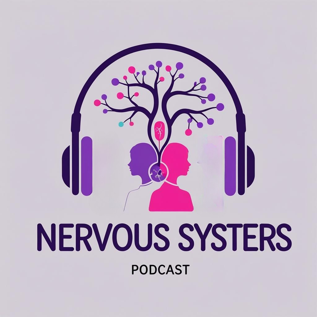Logo for the Nervous Systers podcast featuring two women silhouettes with a tree and brain illustration connected by the headset, in pink and purple colors.